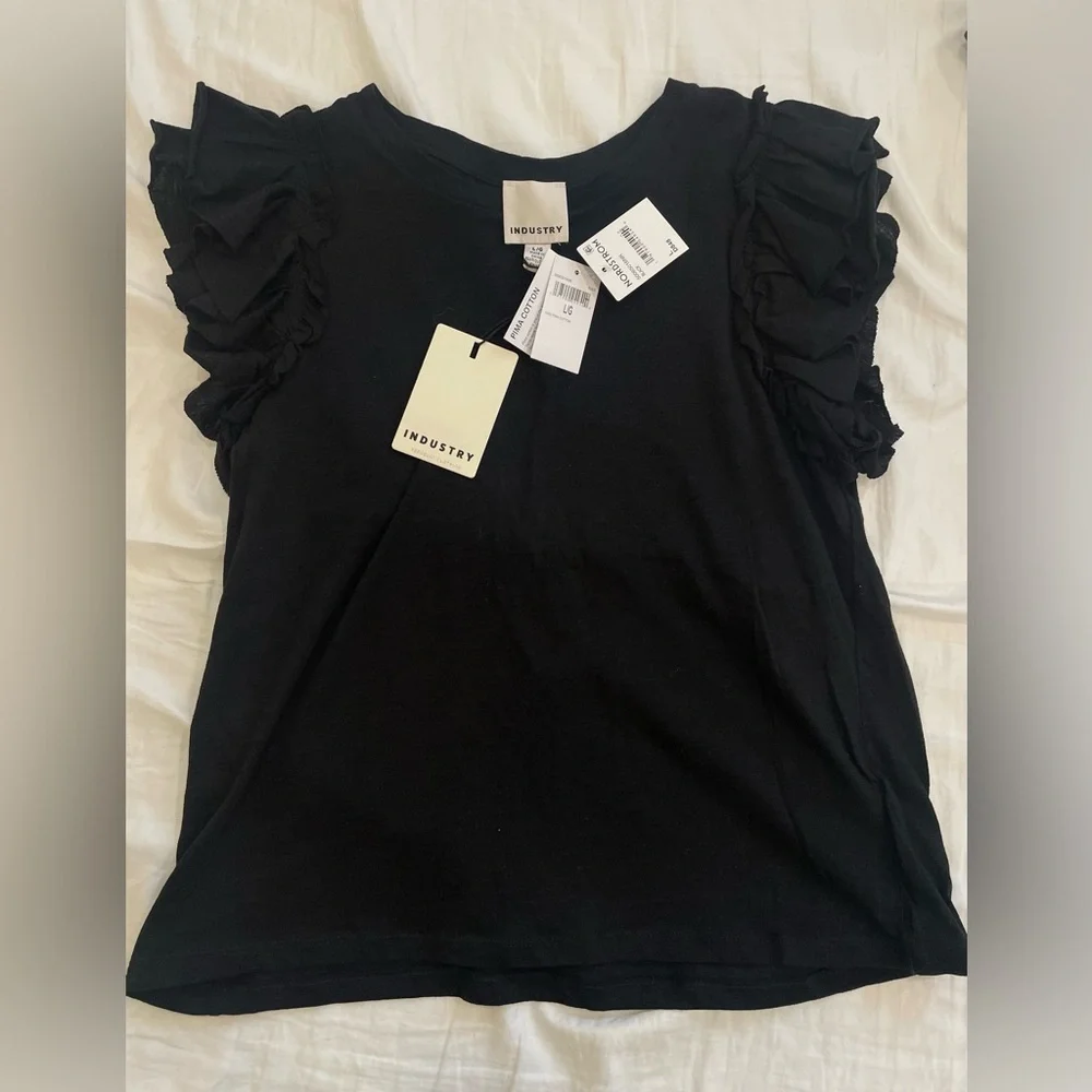 Industry Black Ruffle Short Sleeve Women's Tee size Large New With Tags - Picture 1 of 4
